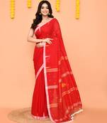 red cotton jamdani saree with net tassels-unstitched