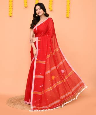 red cotton jamdani saree with net tassels-unstitched 2