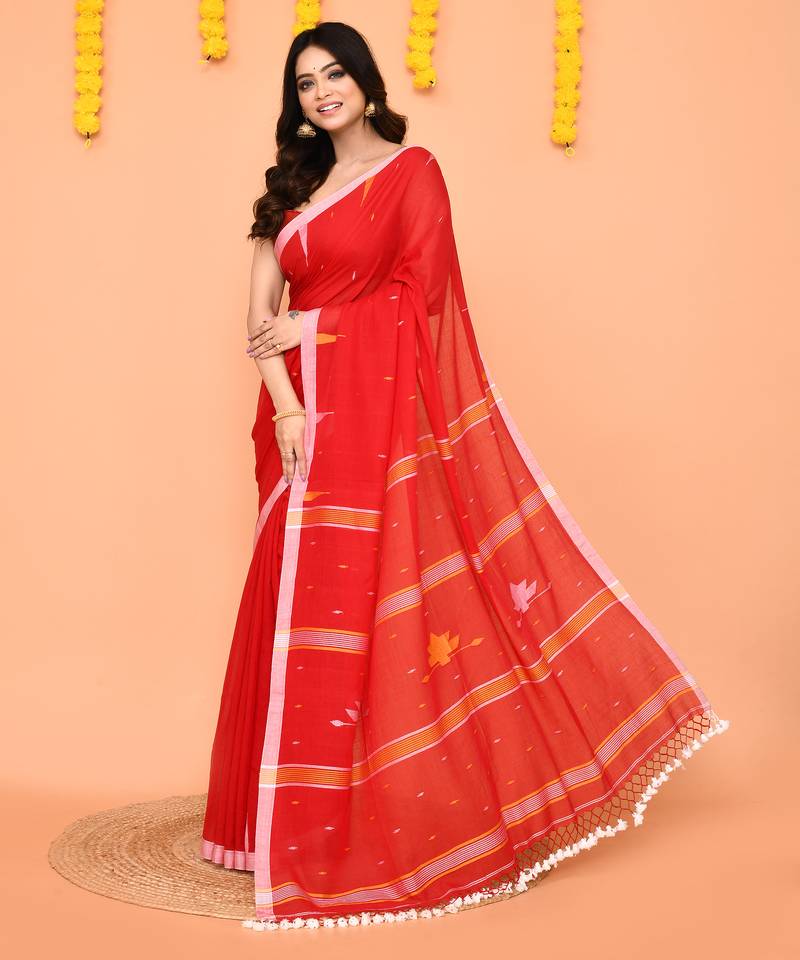 red cotton jamdani saree with net tassels-unstitched
