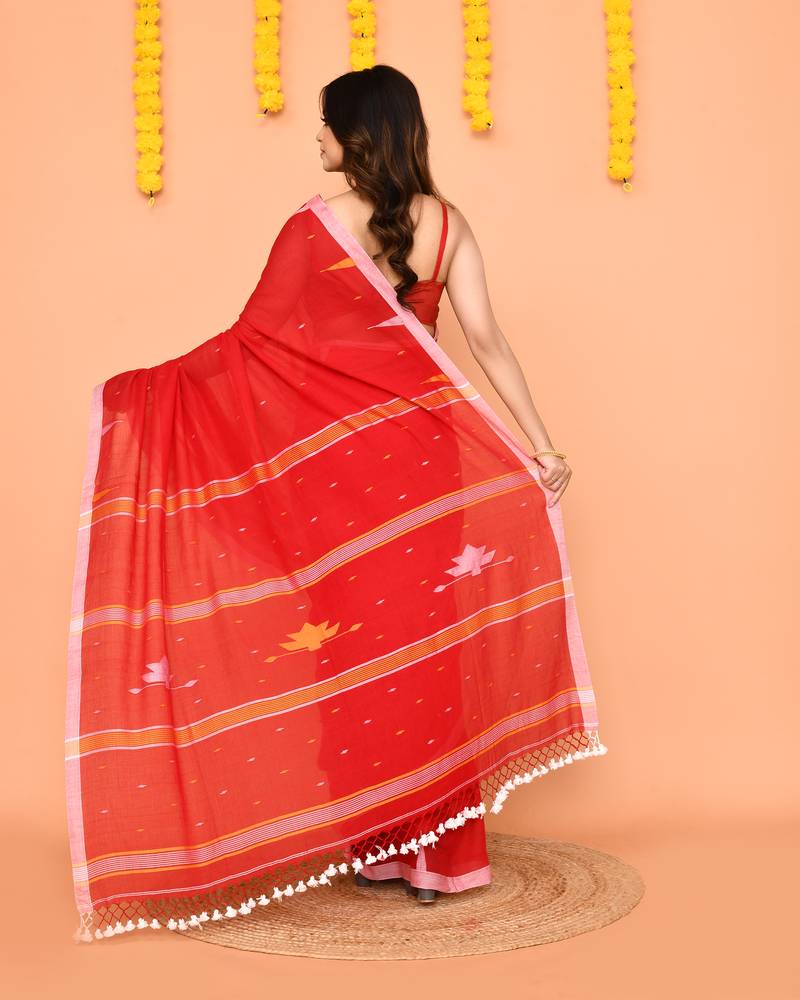 red cotton jamdani saree with net tassels-unstitched