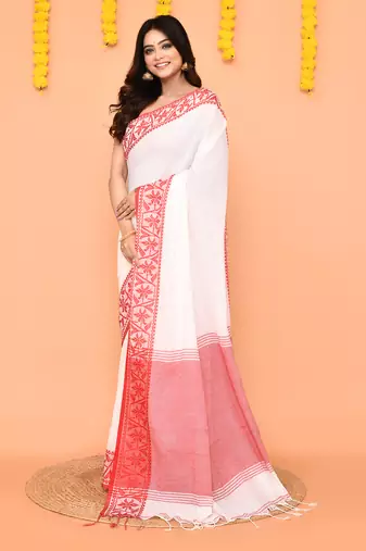 white cotton handloom saree with contrast border