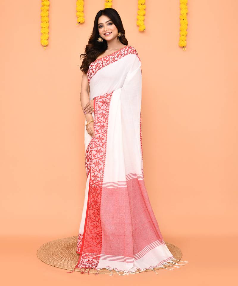 white cotton handloom saree with contrast border