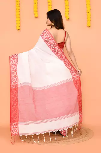 white cotton handloom saree with contrast border