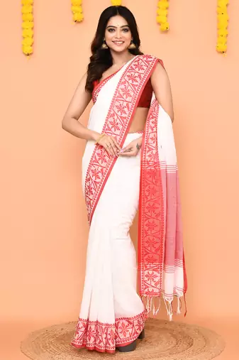 white cotton handloom saree with contrast border
