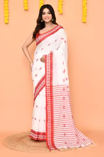 white cotton handloom saree with handwoven border