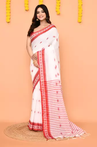 white cotton handloom saree with handwoven border