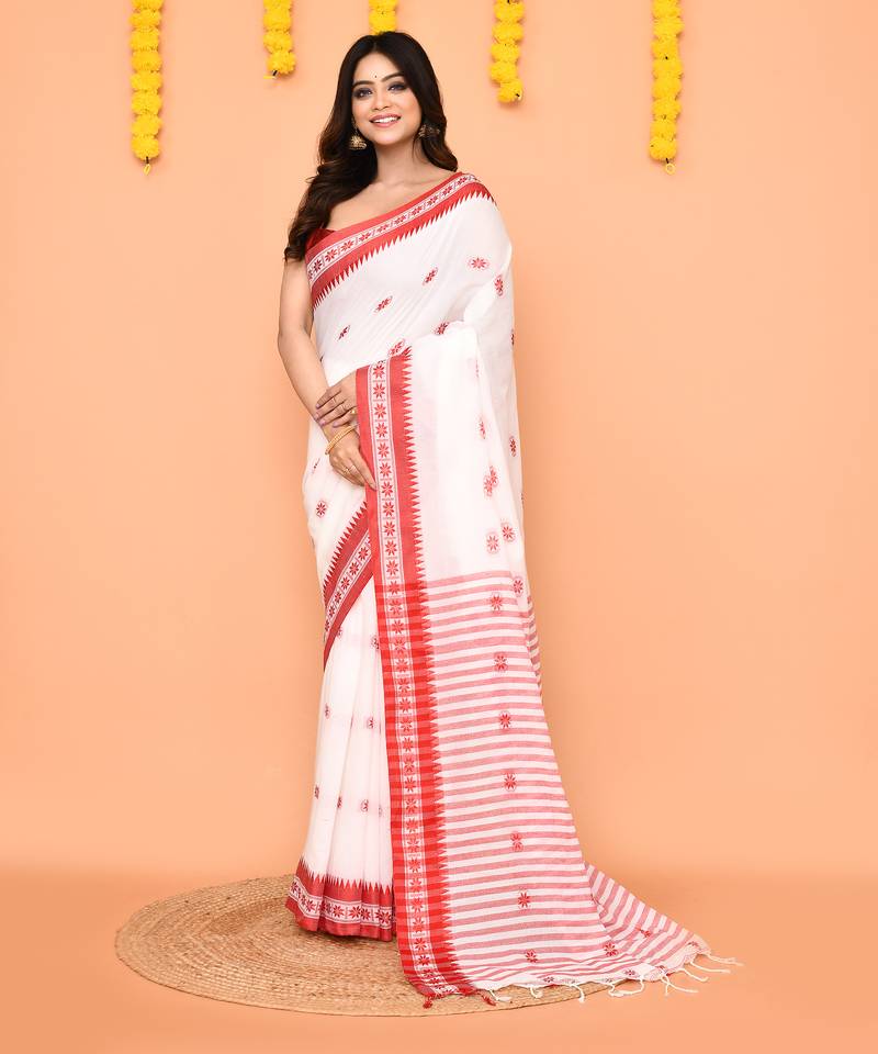 white cotton handloom saree with handwoven border