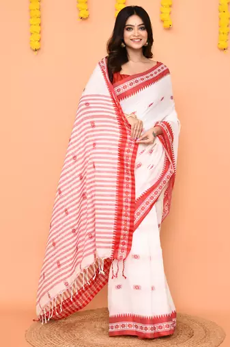 white cotton handloom saree with handwoven border