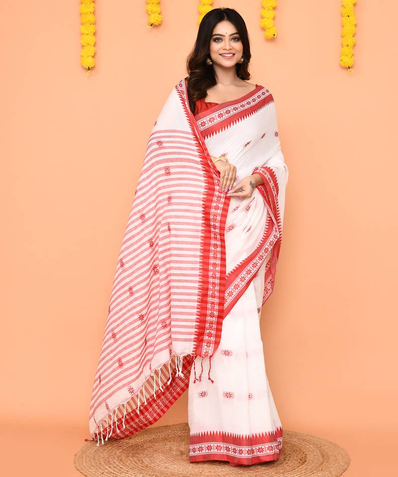 white cotton handloom saree with handwoven border