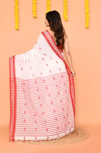 white cotton handloom saree with handwoven border