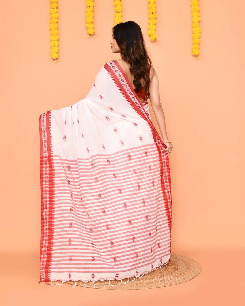 white cotton handloom saree with handwoven border