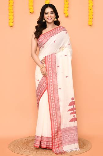 white cotton jamdani saree with handwoven border