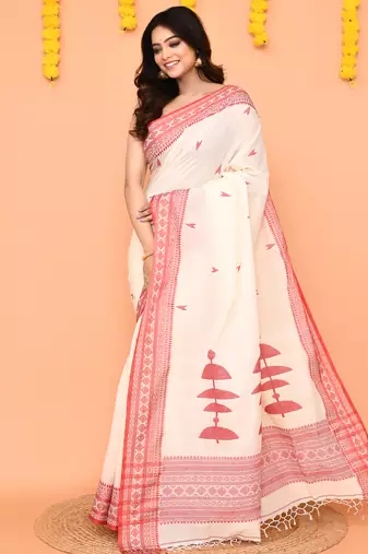 white cotton jamdani saree with handwoven border