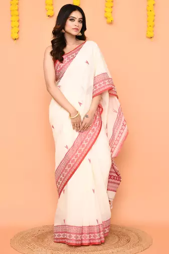 white cotton jamdani saree with handwoven border