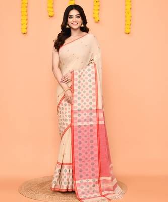 beige cotton handloom saree with tassels & contrast border 1