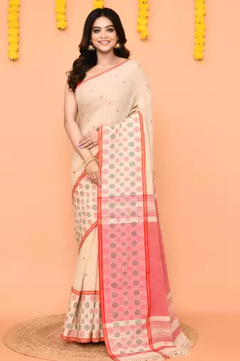 beige cotton handloom saree with tassels & contrast border