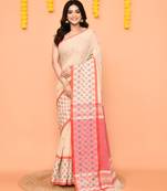 beige cotton handloom saree with tassels & contrast border