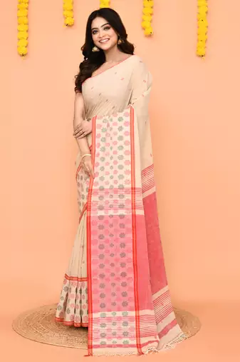 beige cotton handloom saree with tassels & contrast border