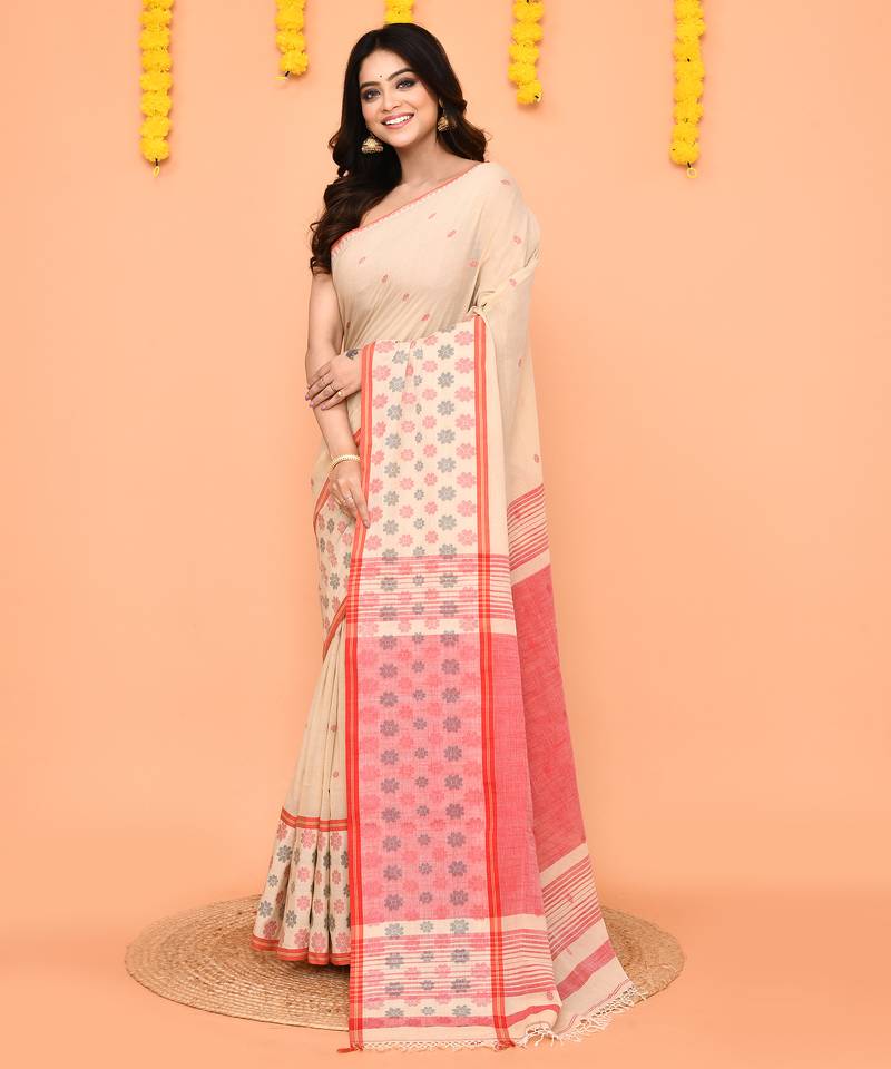 beige cotton handloom saree with tassels & contrast border
