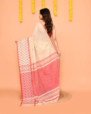 beige cotton handloom saree with tassels & contrast border 3