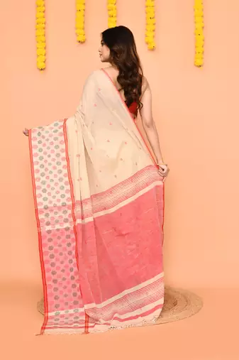 beige cotton handloom saree with tassels & contrast border