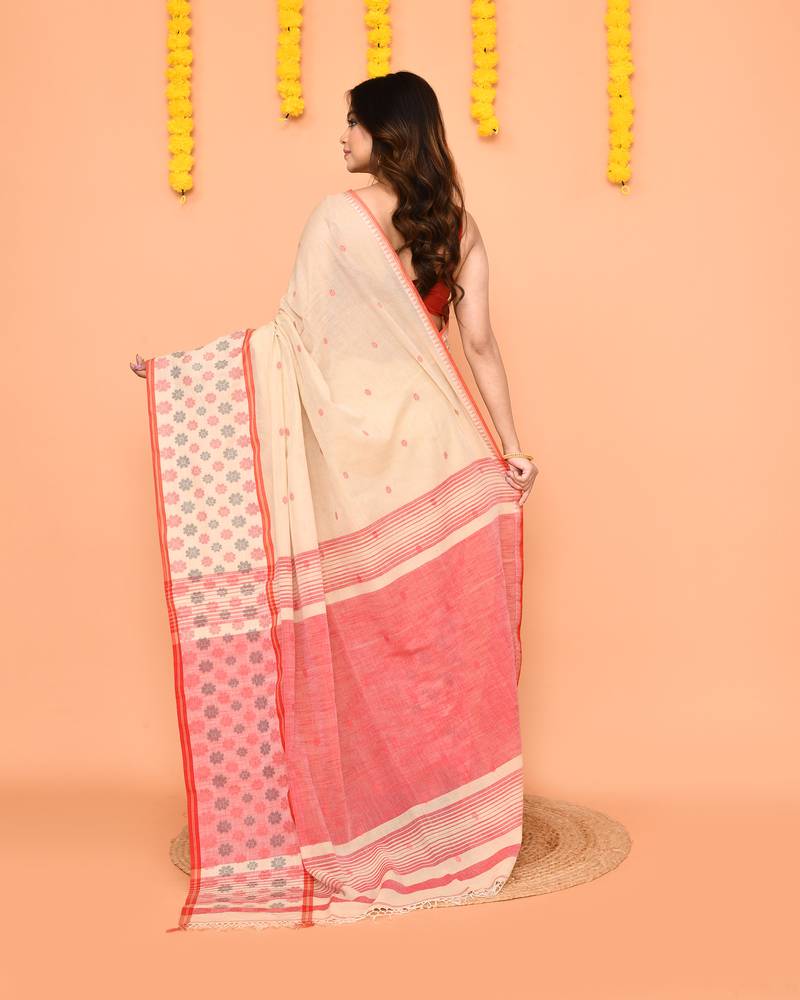 beige cotton handloom saree with tassels & contrast border