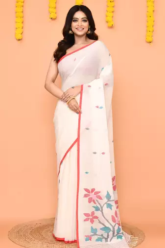 white cotton jamdani handloom saree with contrast border