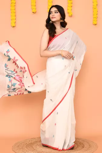 white cotton jamdani handloom saree with contrast border