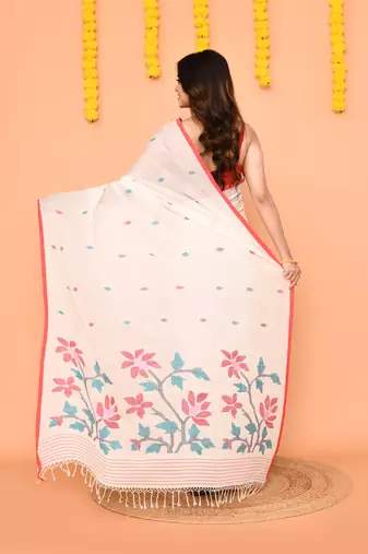 white cotton jamdani handloom saree with contrast border