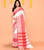 white cotton handloom saree with contrast border