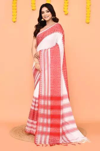 white cotton handloom saree with contrast border