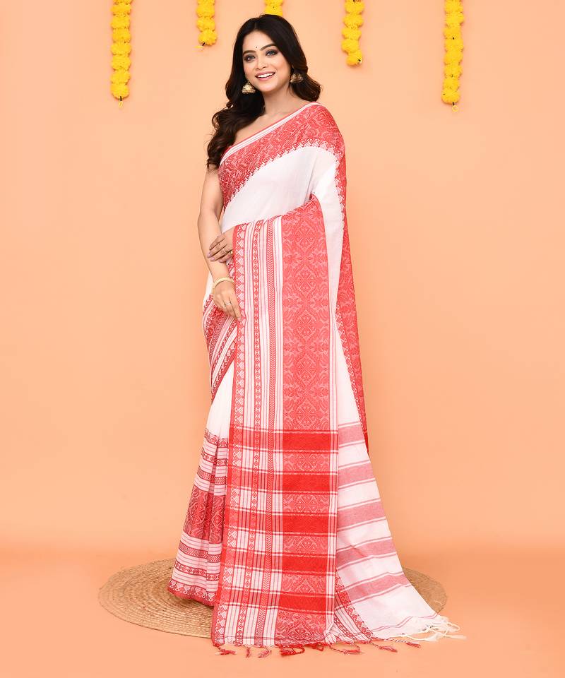 white cotton handloom saree with contrast border