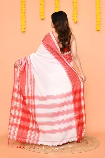 white cotton handloom saree with contrast border
