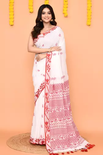 white cotton handloom saree with tassels & contrast border