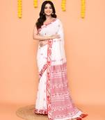 white cotton handloom saree with tassels & contrast border
