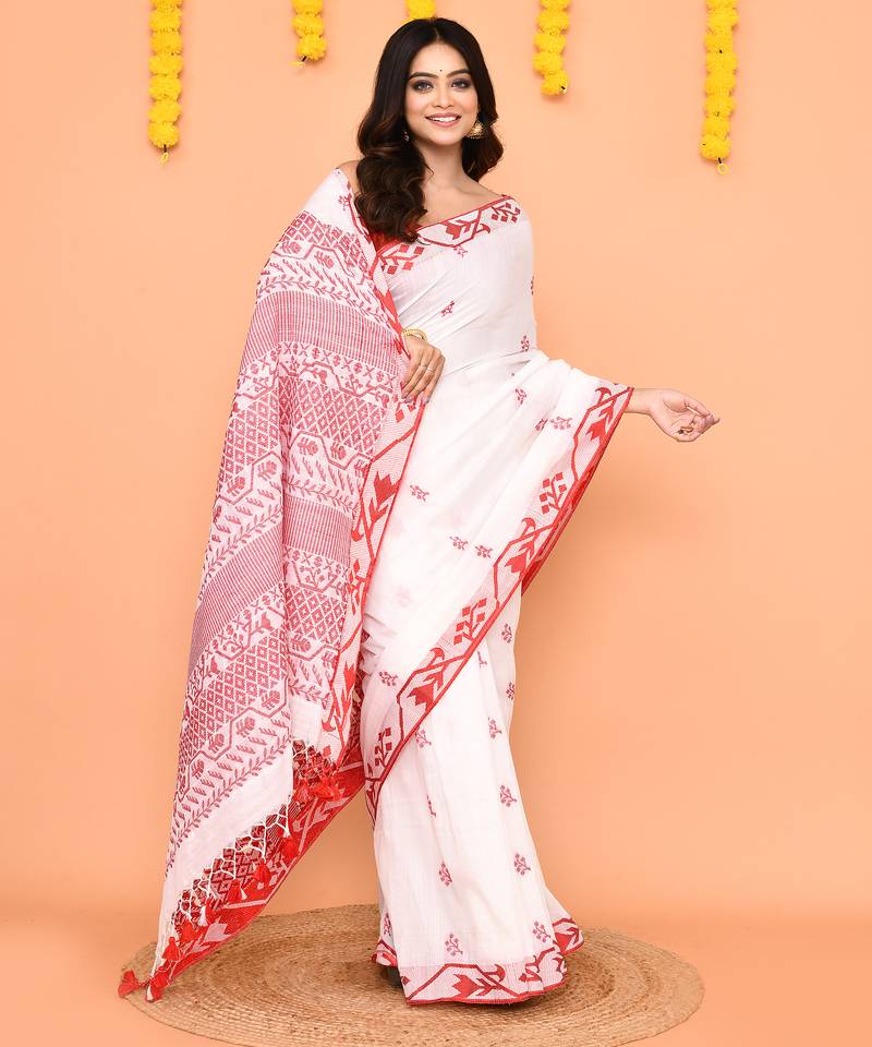 white cotton handloom saree with tassels & contrast border