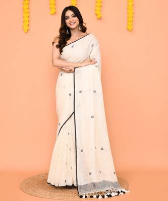 off white linen jamdani saree with tassels & contrast border 1
