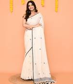 off white linen jamdani saree with tassels & contrast border