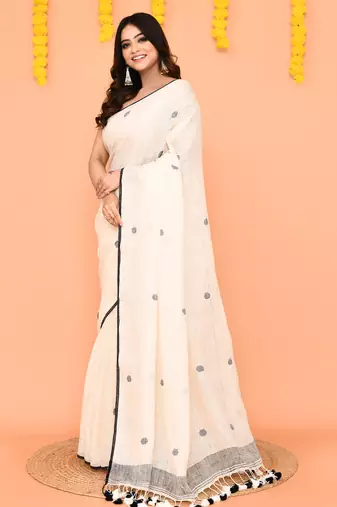 off white linen jamdani saree with tassels & contrast border