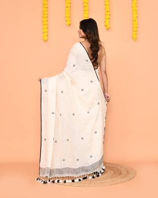 off white linen jamdani saree with tassels & contrast border 3