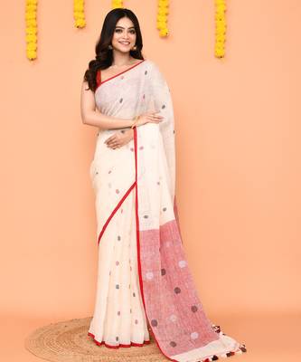off white linen jamdani saree with red blouse & tassels 1