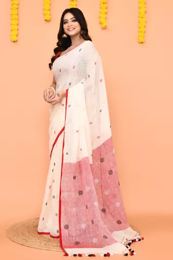 off white linen jamdani saree with red blouse & tassels