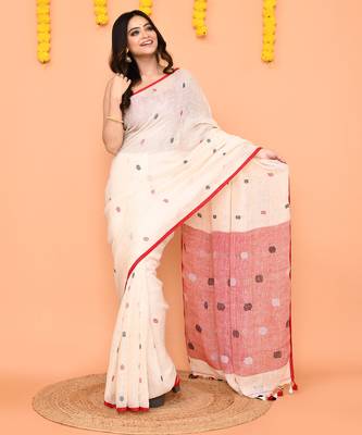 off white linen jamdani saree with red blouse & tassels 3