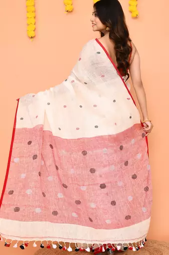 off white linen jamdani saree with red blouse & tassels