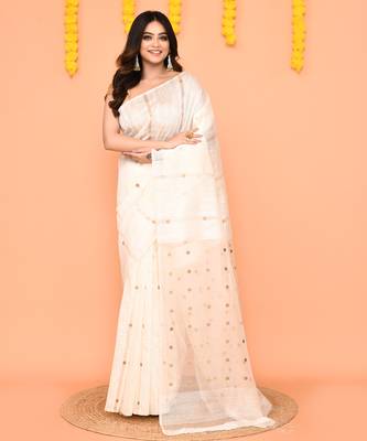 white matka silk jamdani saree with sequins & blouse 1