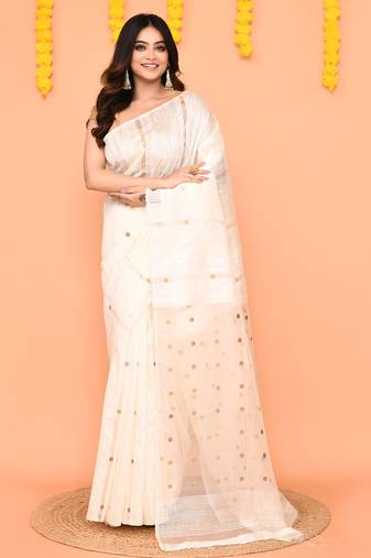 white matka silk jamdani saree with sequins & blouse