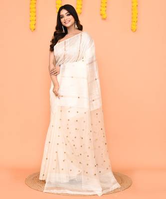 white matka silk jamdani saree with sequins & blouse 2
