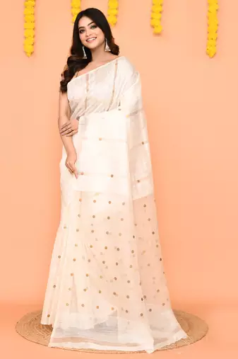 white matka silk jamdani saree with sequins & blouse