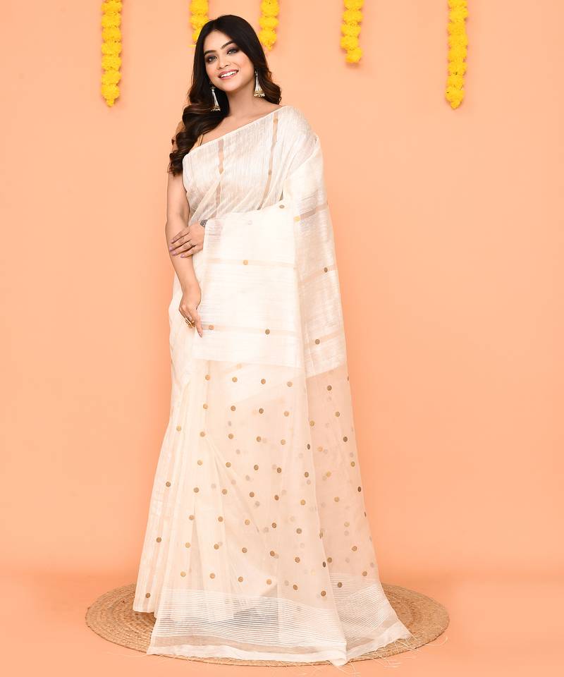 white matka silk jamdani saree with sequins & blouse