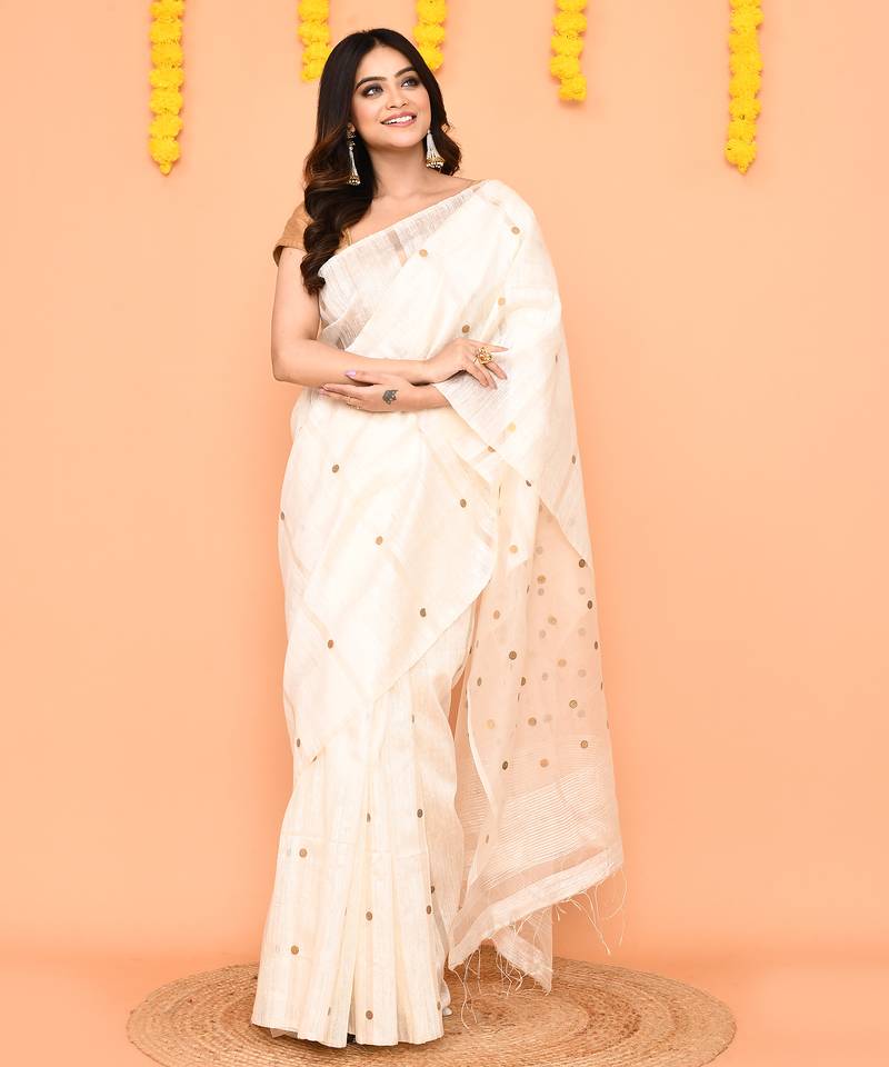white matka silk jamdani saree with sequins & blouse